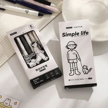 6 шт./компл. 0,5 мм Черный быстросохнущий набор ручек Kawaii Серия Simple Life Набор гелевых ручек для печати, креативные студенческие принадлежности 