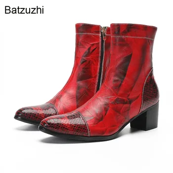 Batzuzhi/ Мужские Ботинки на высоком каблуке 6 см, Красные Ботильоны из натуральной кожи с острым носком, Мужские Ботинки на молнии Knight/Вечерние Botas, Размеры 38-47 6