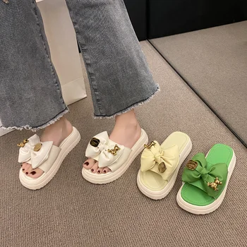 BCEBYL 2023 Новые летние туфли на плоском каблуке, тапочки с металлическим декором в виде бабочки, Женские сандалии зеленого цвета, женские пляжные тапочки на платформе 3