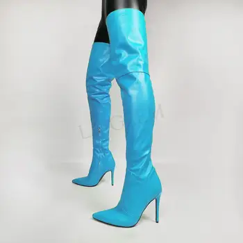 BERZIMER/ Женские Сапоги Выше колена на высоком каблуке с боковой молнией из искусственной кожи, женские Ботфорты Zapatos, Большие Размеры 39 43 45 47