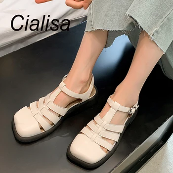 Cialisa / 2023 Летняя женская обувь; лаконичные римские сандалии с ремешком из натуральной кожи и пряжкой; повседневные женские сандалии ручной работы на низком каблуке черного цвета 18