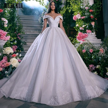 Julia Kui Элегантное бальное платье из органзы в виде сердечка, свадебное платье, расшитое бисером, аппликации с открытыми плечами, свадебные рубашки 3