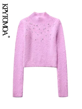 KPYTOMOA-Женский Укороченный вязаный свитер с аппликацией из страз, Женский пуловер с круглым вырезом и длинным рукавом, Шикарные топы, мода 2