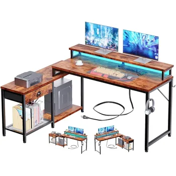 L-образный компьютерный стол с выдвижными ящиками Комнатные письменные столы Реверсивный угловой письменный стол / 83 Длинный письменный стол со светодиодной подсветкой и розетками для чтения Игр 1