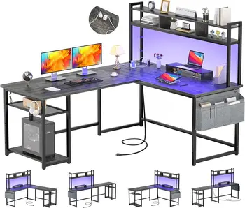 L-образный стол с розеткой и светодиодной лентой, реверсивные L-образные угловые компьютерные столы, игровой стол с полкой для хранения 9
