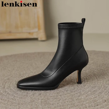 Lenkisen, зимние теплые эластичные ботинки из микрофибры на тонком высоком каблуке с квадратным носком, Лаконичные элегантные ботильоны без застежки 19