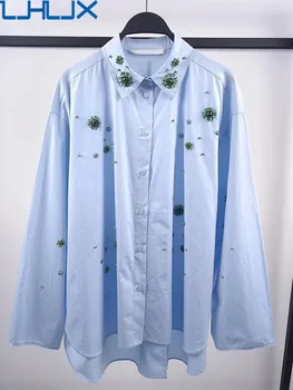 LJHLJX Camisa TRAF Высококачественная Женская Рубашка С Бисером, Красивая Офисная Блузка 2024, Весенние Топы С Кристаллами, Свободные Синие Сорочки ZR  9