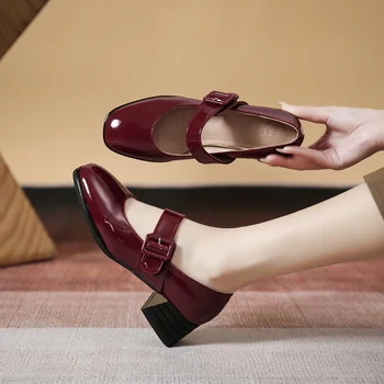 Lucyever модные женские туфли mary janes с ремешком на щиколотке, весна 2022, офисные туфли-лодочки с круглым носком, женские туфли-лодочки на среднем каблуке, черные, винно-красные, sapatos mujer 8