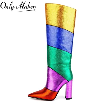 Onlymaker Женские сапоги на блочном каблуке с острым носком Многоцветные Сапоги до колена в стиле Пэчворк ручной работы 4