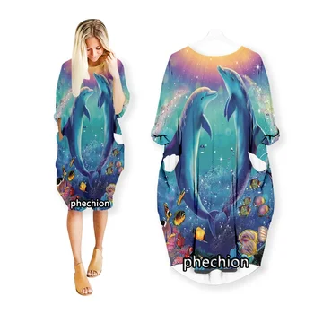 phechion/ Новые модные платья с 3D принтом дельфина из мультфильма, повседневное платье средней длины, женская одежда, топы с карманами и длинными рукавами R98 6