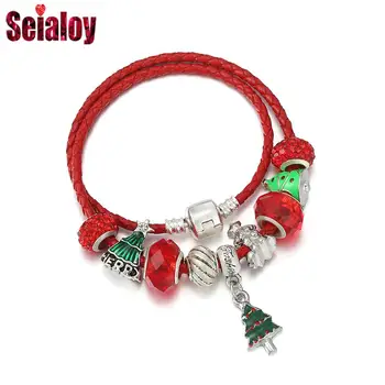 Seialoy Новая зеленая Рождественская елка шарм Красные кожаные браслеты для женщин Оригинальные хрустальные бусины двойной круг браслет подарок 18