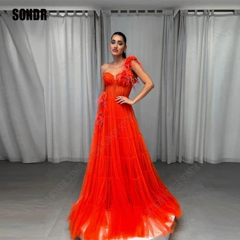 SONDR Очаровательные оранжевые платья для выпускного вечера трапециевидной формы 2024, кружевные вечерние платья с аппликацией в виде сердца на одно плечо, праздничное платье Vestido De Fiesta 8