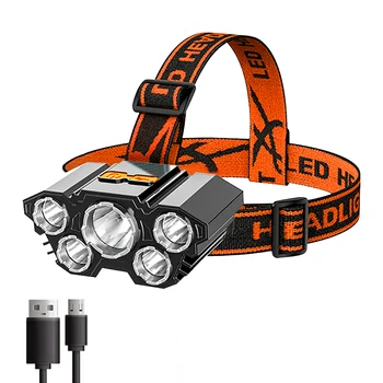 USB перезаряжаемый налобный фонарь Портативная 5LED фара Встроенный аккумуляторный фонарь Портативный рабочий фонарь для рыбалки кемпинга Головной фонарь 9
