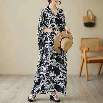 X2050 Женское модное летнее платье большого размера Bohemina с V образным вырезом и принтом листьев в стиле ретро, длинные платья с короткими рукавами 2
