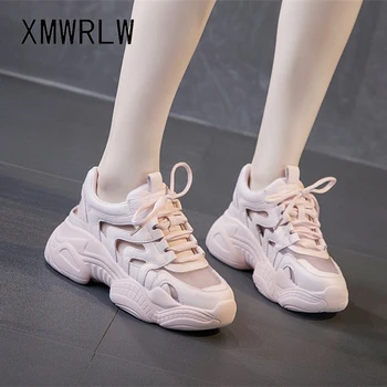 XMWRL / Женские летние повседневные кроссовки с дышащей сеткой, женская обувь на массивном каблуке, женская обувь на шнуровке, белые кроссовки, женская летняя обувь. 5