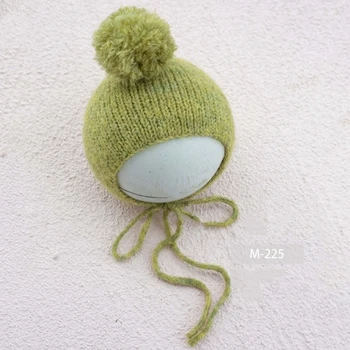 Y1UB Детская шапочка с меховым шариком, вязаная крючком ручной работы, реквизит для фотосъемки новорожденных 2