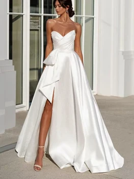 Бальное платье без бретелек, свадебные платья для женщин, атласные длинные платья для выпускного вечера с высоким разрезом, вечерние платья трапециевидной формы MH909 4