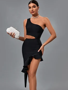 Бандажное платье 2022 Новое женское Черное облегающее платье, Элегантное Сексуальное платье с рюшами на одно плечо, вечернее клубное платье высокого качества, летнее 16
