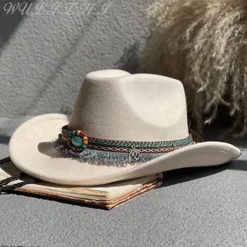 Бежево-белая шерстяная ковбойская шляпа, мужская осенне-зимняя повседневная универсальная шляпа для джентльмена в стиле ретро, женская сценическая шляпа для тибетского джаза 13