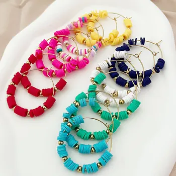 Большие серьги-кольца, женские украшения в стиле бохо, многоцветные глиняные летние пляжные аксессуары, серьги в подарок для девочек женского пола 8