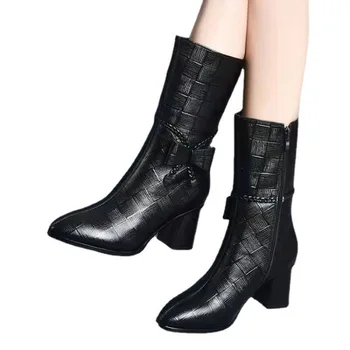 Ботинки в стиле ретро Осень / зима 2023, заостренная молния сбоку, ретро-женский бант, удобные ботинки до середины икры, модные женские ботинки с заостренным носком. 1