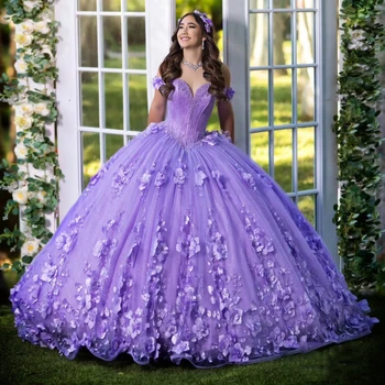 Великолепное пышное платье цвета лаванды с открытыми плечами, бальное платье, пышный шлейф, тюлевые бусины, 3DFlower Princess для вечеринки и выпускного бала 16