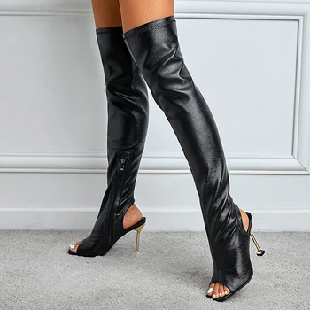 Весенне-осенняя сексуальная металлическая застежка-молния, тонкие каблуки, открытый носок, кожаные сапоги выше колена, женские вечерние клубные туфли для стриптиза, женские 8