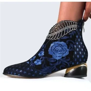 Весенняя повседневная обувь Этническая женская обувь с вышивкой На толстом каблуке с круглым носком На среднем каблуке Универсальные короткие ботинки в стиле ретро 13