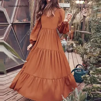 Весна-лето, Ретро Женское платье с длинными рукавами, повседневная одежда с V-образным вырезом, однотонное Свободное платье в корейском стиле, уличная одежда, Vestidos 1