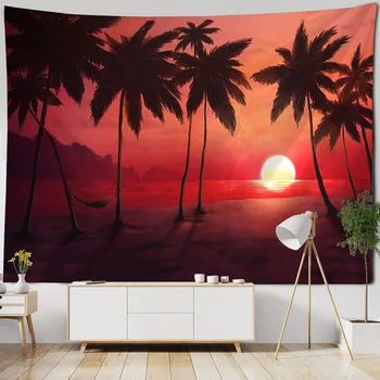 Вид на море, кокосовая пальма, гобелен, висящий на стене, богемное украшение стен в комнате, психоделический стиль хиппи, эстетическое оформление интерьера дома. 13