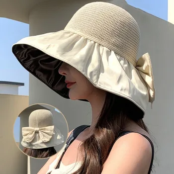 Виниловая солнцезащитная шляпа с бантом, женская летняя солнцезащитная шляпа с большим выступом, выдолбленная рыбацкая шляпа, уличная солнцезащитная шляпа 5