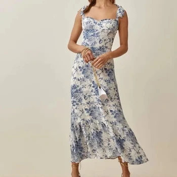 Винтажное платье с цветочным рисунком, женские летние платья без рукавов, платье с рюшами в корейском стиле, элегантные платья миди с галстуком-бабочкой на спине, платье синего цвета