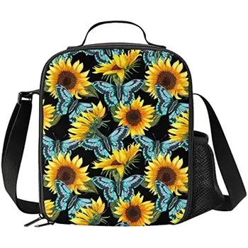 Детская изолированная сумка для ланча Butterfly Sunflower Blue, большая симпатичная термосумка, созданная для школьных сумок для ланча с плечевым ремнем 17