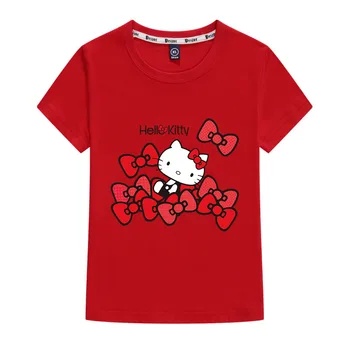 Детская одежда Hello Kitty, Летний повседневный модный топ с короткими рукавами для девочек, футболка с мультяшным принтом для мальчиков, дышащая футболка из чистого хлопка, Новинка 5