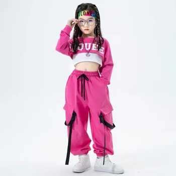Детская одежда в стиле хип-хоп, толстовка, укороченный топ, повседневная уличная одежда с ремешками, брюки-карго для бега трусцой для девочек, одежда для джазовых танцев