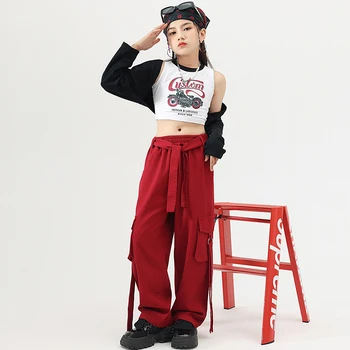 Детская одежда в стиле хип-хоп, подростковая демонстрационная одежда, укороченные топы, жилет на бретелях, красные повседневные уличные брюки-карго для девочек, одежда для танцевальных костюмов 3