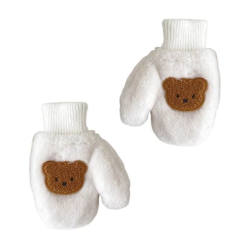 Детские варежки с мультяшным медведем N80C, Противоскользящие толстые варежки, зимние теплые перчатки с веревкой 4