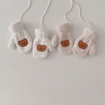 Детские мультяшные варежки L5YF с завязками, утепленные плюшевые теплые перчатки с полными пальцами. 6
