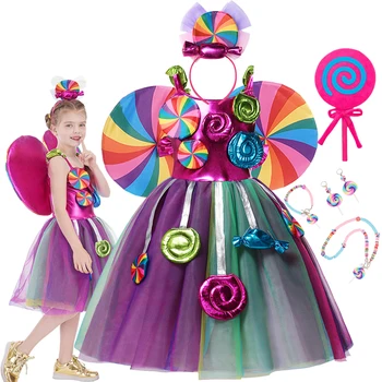 Детское милое платье принцессы с радужными конфетами Для девочек, Рождественский Карнавальный костюм-пачка с леденцами, детский комплект одежды для выступлений в Пурим 5