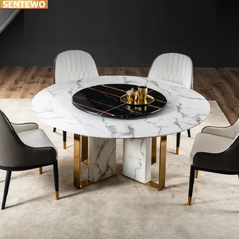 Дизайнерская роскошная круглая столовая с мраморной плитой и обеденным столом из 4 6 8 стульев mesa tavolo мебель на золотой основе из нержавеющей стали 7