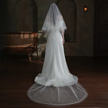 Длинная фата невесты с высококачественной атласной каймой, головной убор-свадебная маска с двойным шлейфом 8