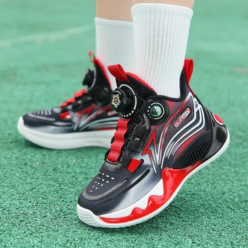 Дышащая баскетбольная обувь для мальчиков, детская спортивная обувь, молодежная сетчатая поверхность, вращающаяся пряжка, нескользящая мягкая светящаяся обувь 5