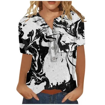 Женская модная летняя Повседневная Свободная футболка с принтом, винтажная хлопковая льняная блузка с V-образным вырезом и коротким рукавом, топы, S-2xl 2023 г. 12