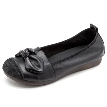 Женская обувь из мягкой кожи черного цвета, Лоферы на плоской подошве из натуральной кожи с бантом, Кроссовки-слипоны, Повседневная обувь на плоской подошве, женская обувь на плоской подошве.