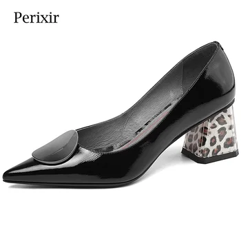 Женская офисная обувь Perixir с леопардовым принтом, натуральная кожа, толстый каблук, высококачественная женская обувь на высоком каблуке, женские летние каблуки 11