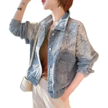 Женская элегантная джинсовая куртка с бриллиантами, женская джинсовая верхняя одежда с длинными рукавами, уличная одежда для девочек 2023, однобортные куртки Demin. 11