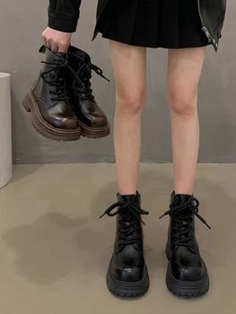 Женские ботинки на плоской подошве с круглым носком, осенняя женская обувь, роскошные дизайнерские ботинки на молнии-Женские Модные ботильоны в стиле Рок 2023, Лолита 19