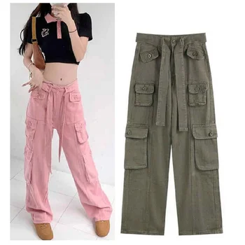 Женские брюки-карго с множеством карманов, Мешковатые спортивные брюки для молодых женщин, прямые уличные брюки 3