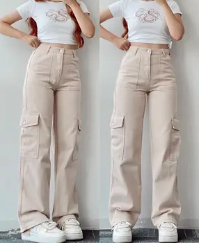 Женские брюки, свободные повседневные брюки-карго с карманом, прямые брюки со средней талией, корейские модные женские длинные брюки, уличная одежда 8