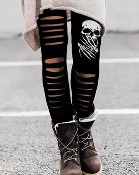 Женские брюки со страшным принтом черепа на Хэллоуин 2023, летняя мода, повседневные узкие длинные леггинсы с вырезом 